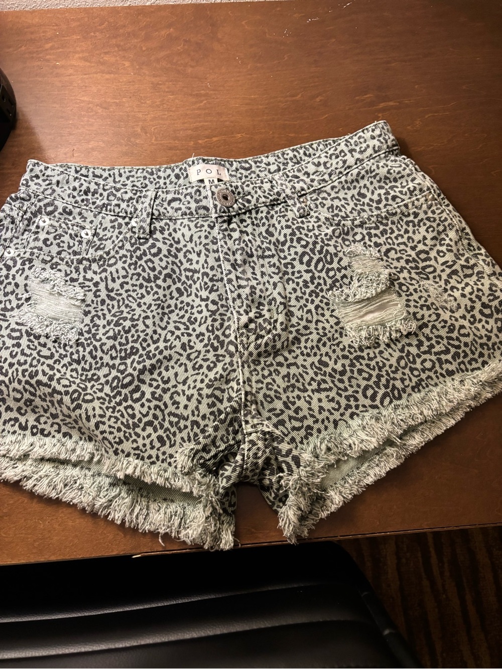 POL Sage Green Leopard Print Distressed Jean Shorts